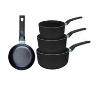 Fackelmann 9430050 Ensemble de 1 poêle de 16 cm et 3 casseroles 16, 18 et 20 cm, revêtement céramique antiadhésif, sans PFAS, tous feux, induction, four, Aluminium, Noir, Vert, 16, 18 et 20 cm