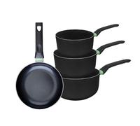 Fackelmann 9430150 Ensemble de 1 poêle de 20 cm et 3 casseroles 16, 18 et 20 cm, revêtement céramique antiadhésif, sans PFAS, tous feux, induction, four, Aluminium, Noir, Vert