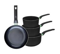 Fackelmann 9430250 Ensemble de 1 poêle de 24 cm et 3 casseroles 16, 18 et 20 cm, revêtement céramique antiadhésif, sans PFAS, tous feux, induction, four, Aluminium, Noir, Vert, 16, 18 et 20 cm