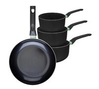 Fackelmann 9430350 Ensemble de 1 poêle de 28 cm et 3 casseroles 16, 18 et 20 cm, revêtement céramique antiadhésif, sans PFAS, tous feux, induction, four, Aluminium, Noir, Vert, 16, 18 et 20 cm