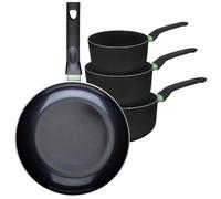 Fackelmann 9430450 Ensemble de 1 poêle de 30 cm et 3 casseroles 16, 18 et 20 cm, revêtement céramique antiadhésif, sans PFAS, tous feux, induction, four, Aluminium, Noir, Vert, 16, 18 et 20 cm