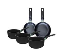 Fackelmann 9430550 Ensemble de 2 poêles de 16 et 20 cm et 3 casseroles 16, 18 et 20 cm, revêtement céramique antiadhésif, sans PFAS, tous feux, induction, four, Aluminium, Noir, Vert