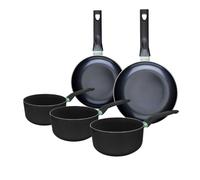 Fackelmann 9430650 Ensemble de 2 poêles de 20 et 24 cm et 3 casseroles 16, 18 et 20 cm, revêtement céramique antiadhésif, sans PFAS, tous feux, induction, four, Aluminium, Noir, Vert, 16, 18 et 20 cm