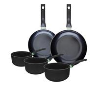 Fackelmann 9430750 Ensemble de 2 poêles de 24 et 28 cm et 3 casseroles 16, 18 et 20 cm, revêtement céramique antiadhésif, sans PFAS, tous feux, induction, four, Aluminium, Noir, Vert, 16, 18 et 20 cm