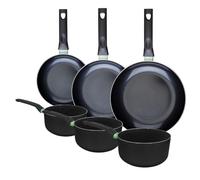 Fackelmann 9430950 Ensemble de 3 poêles de 20 24 et 28 cm et 3 casseroles 16 18 et 20 cm, revêtement céramique antiadhésif sans PFAS, tous feux, induction, four, Aluminium, Noir, Vert, 16, 18 et 20 cm