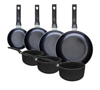 Fackelmann 9431150 Ensemble de 4 poêles de 16, 20, 24 et 28 cm et 3 casseroles 16 18 et 20 cm, revêtement céramique antiadhésif sans PFAS, tous feux, induction, Aluminium, Noir, Vert