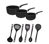 Fackelmann 9432250 Set 3 casseroles antiadhésives revêtement céramique et 6 ustensiles, casserole sans PFAS, casserole tous feux, casserole induction, Aluminium, RPET, Noir, Vert, 16 18 et 20 cm