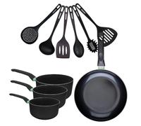 Fackelmann 9432650 Set 1 poêle 28 cm, 3 casseroles antiadhésives revêtement céramique et 6 ustensiles, poêle sans PFAS, tous feux, induction, Aluminium, RPET, Noir, Vert, 16 18 20 et 28 cm