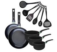Fackelmann 9433050 Set 2 poêles 24 et 28 cm, 3 casseroles 16 à 20 cm et 6 ustensiles, poêle antiadhésive, sans PFAS, revêtement céramique, tous feux, induction, Aluminium, RPET, Noir, Vert, 16 à 28 cm