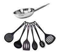 Fackelmann 9437150 Set de 1 poêle 24 cm en inox et 6 ustensiles, Poêle de cuisson, Poêle tous feux, Poêle induction, Poêle sans PFAS, Manche inox, Manche riveté, Acier inoxydable 18/8, Gris, 24 cm