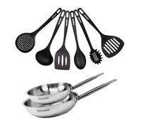 Fackelmann 9438650 2 poêles 24 et 28 cm Acier inox 18/8 et 6 ustensiles Fackelmann Eterna, Poêle tous feux, Poêle induction, Poêle sans PFAS, Manche riveté, Inox, Plastique, 24 et 28 cm