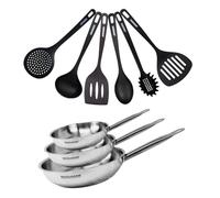 Fackelmann 9438750 de 3 poêles 20 24 et 28 cm Acier inox 18/8 et 6 ustensiles Fackelmann Eterna, Poêle tous feux, Poêle induction, Poêle sans PFAS, Manche riveté, Inox, Plastique, 20 24 et 28 cm