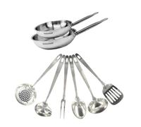 Fackelmann 9439550 Set de Poêles Inox 18/8 (20 et 24 cm) avec 6 Ustensiles - Compatible Tous Feux et Induction, Sans PFAS, Manche Riveté, Gris Brume