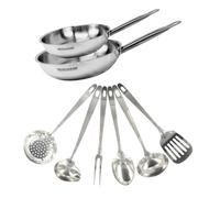 Set de 2 poêles de 24 et 28 cm en inox et 6 ustensiles inox Eterna Fackelmann