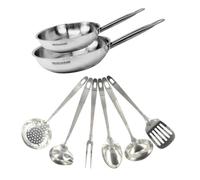 Fackelmann 9439750 Set 2 poêles de 24 et 28 cm inox 18/8 et 6 ustensiles inox, Poêle tous feux, Poêle induction, Poêle sans PFAS, Manche riveté, Inox, 24 et 28 cm