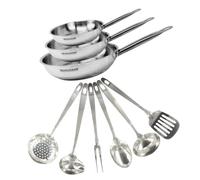 Fackelmann 9439850 Set 3 poêles de 20, 24 et 28 cm inox 18/8 et 6 ustensiles inox, Poêle tous feux, Poêle induction, Poêle sans PFAS, Manche riveté, Inox, 20 24 et 28 cm, Gris 18