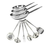 Fackelmann 9439850 Set 3 poêles de 20, 24 et 28 cm inox 18/8 et 6 ustensiles inox, Poêle tous feux, Poêle induction, Poêle sans PFAS, Manche riveté, Inox, 20 24 et 28 cm