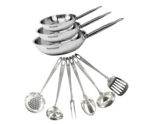 Fackelmann 9439850 Set 3 poêles de 20, 24 et 28 cm inox 18/8 et 6 ustensiles inox, Poêle tous feux, Poêle induction, Poêle sans PFAS, Manche riveté, Inox, 20 24 et 28 cm, Gris 18