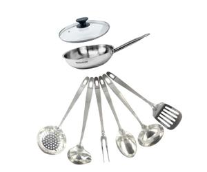 Fackelmann 9439950 Set poêle 20 cm en inox 18/8, Couvercle verre et 6 ustensiles inox, Poêle tous feux, Poêle induction, Poêle sans PFAS, Manche riveté, Inox, Verre, 20 cm