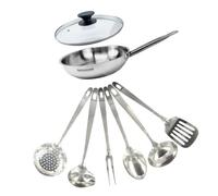 Set poêle 24 cm en inox, couvercle verre et 6 ustensiles inox Eterna Fackelmann