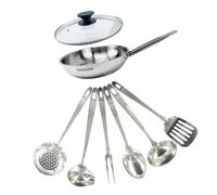 Fackelmann 9440050 Set poêle 24 cm en inox 18/8, Couvercle verre et 6 ustensiles inox, Poêle tous feux, Poêle induction, Poêle sans PFAS, Manche riveté, Inox, Verre, 24 cm