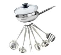 Set poêle 28 cm en inox, couvercle verre et 6 ustensiles inox Eterna Fackelmann