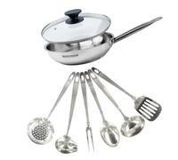 Fackelmann 9440150 Set poêle 28 cm en inox 18/8, Couvercle verre et 6 ustensiles inox, Poêle tous feux, Poêle induction, Poêle sans PFAS, Manche riveté, Inox, Verre, 28 cm