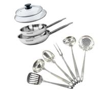 Fackelmann 9440250 Set poêles 20 et 24 cm en inox 18/8, Couvercle verre et 6 ustensiles inox, Poêle tous feux, Poêle induction, Poêle sans PFAS, Manche riveté, Inox, Verre, 20 et 24 cm