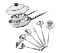 Set de 2 poêles 20 et 28 cm en inox, 2 couvercles verre et 6 ustensiles inox Eterna Fackelmann