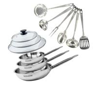 Fackelmann 9440550 Set de 3 poêles 20, 24 et 28 cm en inox 18/8, 3 Couvercles verre et 6 ustensiles inox, Poêle tous feux, Poêle induction, Poêle sans PFAS, Manche riveté, Inox, Verre, 20 24 et 28 cm