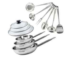 Fackelmann 9440550 Set de 3 poêles 20, 24 et 28 cm en inox 18/8, 3 couvercles verre et 6 ustensiles inox, Poêle tous feux, Poêle induction, Sans PFAS, Manche riveté