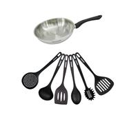 Fackelmann 9440950 Set poêle 24 cm en inox 18/8 et 6 ustensiles RPET, Poêle de cuisson, Poêle tous feux, Poêle induction, Poêle sans PFAS, Acier inoxydable 18/8, RPET, 24 cm