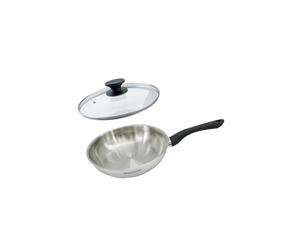 Fackelmann 9441650 Lot de poêles 24 cm en acier inoxydable 18/8 et couvercle en verre pour tous les types de feux, à induction, poêle sans PFAS, acier inoxydable 18/8, verre, 24 cm