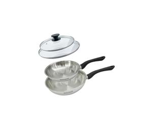 Fackelmann 9441850 Lot de 2 poêles 20 et 24 cm en acier inoxydable 18/8 et couvercle en verre, poêle à frire, pour tous types de plaques à induction, poêle sans PFAS, acier inoxydable 18/8, verre, 20