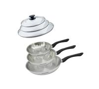 Fackelmann 9442150 Lot de 3 poêles 20, 24 et 28 cm en acier inoxydable 18/8 et 3 couvercles en verre, poêle à frire pour tous types de feux, induction, poêle sans PFAS, acier inoxydable 18/8, verre