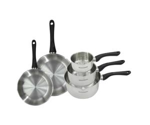Fackelmann 9443750 Set 2 poêles 20 et 24 cm et 3 casseroles 12 16 et 20 cm en inox 18/8, tous feux, induction, sans PFAS, Acier inoxydable 18/8, 12 16 20 24 cm, Gris Perle