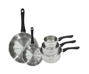 Fackelmann 9443850 Set 2 poêles 20 et 28 cm et 3 casseroles 12 16 et 20 cm en inox 18/8, tous feux, induction, sans PFAS, Acier inoxydable 18/8, 12 16 20 28 cm, Gris Pierre