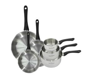 Fackelmann 9444050 Set 3 poêles 20 24 et 28 cm et 3 casseroles 12 16 et 20 cm en inox 18/8, tous feux, induction, sans PFAS, Acier inoxydable 18/8, 12 16 20 24 28 cm, Gris Argent