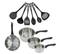 Fackelmann 9444350 Set 1 poêle 24 cm 3 casseroles 12 16 et 20 cm en inox 18/8 et 6 ustensiles, tous feux, induction, sans PFAS, Acier inoxydable 18/8, 12 16 20 24 cm