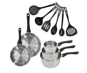 Fackelmann 9444550 Set 2 poêles 20 24 cm 3 casseroles 12 16 20 cm en inox 18/8 et 6 ustensiles, tous feux, induction, sans PFAS, Acier inoxydable 18/8, 12 16 20 24 cm