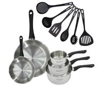 Fackelmann 9444650 Set 2 poêles 20 28 cm 3 casseroles 12 16 20 cm en inox 18/8 et 6 ustensiles, tous feux, induction, sans PFAS, Acier inoxydable 18/8, 12 16 20 28 cm