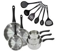Fackelmann 9444850 Set 3 poêles 20 24 28 cm 3 casseroles 12 16 20 cm inox 18/8, 6 ustensiles, tous feux, induction, sans PFAS, Acier inoxydable 18/8, 12 16 20 24 28 cm