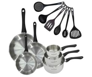 Fackelmann 9444850 Set 3 poêles 20 24 28 cm 3 casseroles 12 16 20 cm inox 18/8, 6 ustensiles, tous feux, induction, sans PFAS, Acier inoxydable 18/8, 12 16 20 24 28 cm