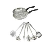 Fackelmann 9444950 Set 2 poêles 20 et 24 cm en inox 18/8, 6 ustensiles inox, Poêle tous feux, Poêle induction, Poêle sans PFAS, Acier inoxydable 18/8, 20 et 24 cm