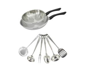 Fackelmann 9445050 Set 2 poêles 20 et 28 cm en inox 18/8, 6 ustensiles inox, Poêle tous feux, Poêle induction, Poêle sans PFAS, Acier inoxydable 18/8, 20 et 28 cm