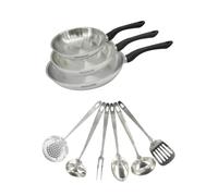 Fackelmann 9445250 Lot de 3 poêles 20, 24 et 28 cm en acier inoxydable 18/8, 6 ustensiles de cuisine, poêle pour tous types de feux, poêle à induction, sans PFAS en acier inoxydable 18/8, 20, 24 et 28