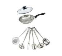 Fackelmann 9445350 Set poêle 20 cm en inox 18/8, Couvercle verre et 6 ustensiles inox, Poêle de cuisson, Poêle tous feux, Poêle induction, Poêle sans PFAS, Acier inoxydable 18/8, Verre, 20 cm