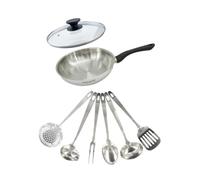 Fackelmann 9445450 Set poêle 24 cm en inox 18/8, Couvercle verre et 6 ustensiles inox, Poêle de cuisson, Poêle tous feux, Poêle induction, Poêle sans PFAS, Acier inoxydable 18/8, Verre, 24 cm