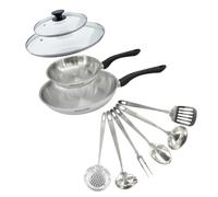 Fackelmann 9445750 Set 2 poêles 20 et 28 cm en inox 18/8, 2 Couvercles verre et 6 ustensiles inox, Poêle tous feux, Poêle induction, Poêle sans PFAS, Acier inoxydable 18/8, Verre, 20 et 28 cm