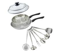 Fackelmann 9445850 Set 2 poêles 24 et 28 cm en inox 18/8, 2 Couvercles verre et 6 ustensiles inox, Poêle tous feux, Poêle induction, Poêle sans PFAS, Acier inoxydable 18/8, Verre, 24 et 28 cm